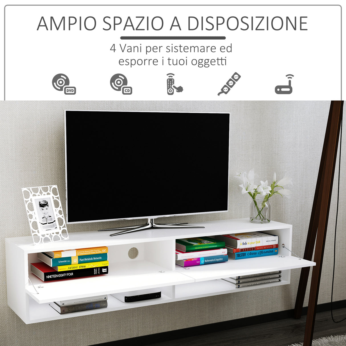 easycomfort easycomfort mobile porta tv sospeso con 4 vani e 2 ante a ribalta consolle per tv fino 60e fori per cavi grigio 140x32x31cm ean 8054111846400