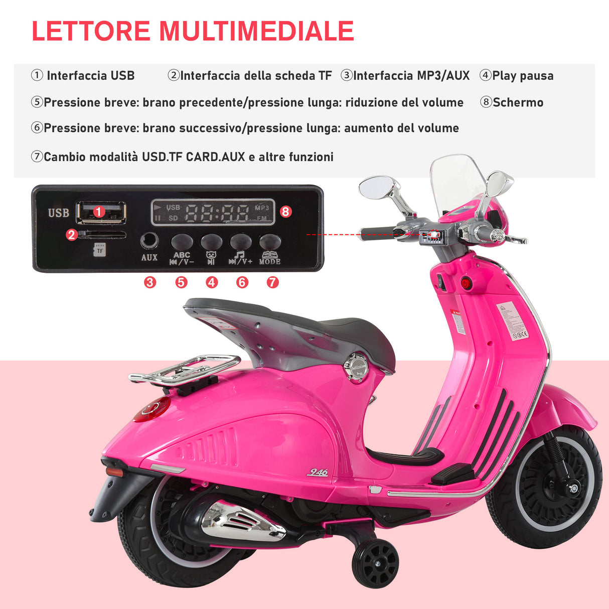 easycomfort easycomfort moto elettrica per bambini con licenza ufficiale vespa 2 rotelle luci e suoni 108x49x75 cm rosa