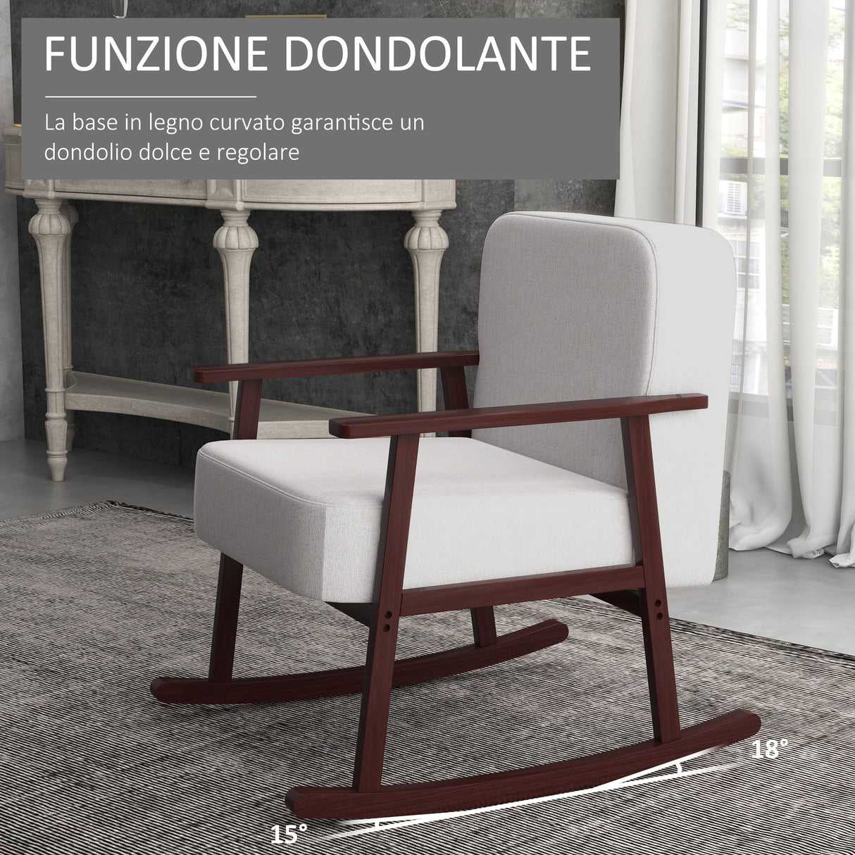 easycomfort easycomfort poltrona a dondolo in tessuto effetto lino e legno con braccioli e cuscini 66x78x76 cm beige e marrone