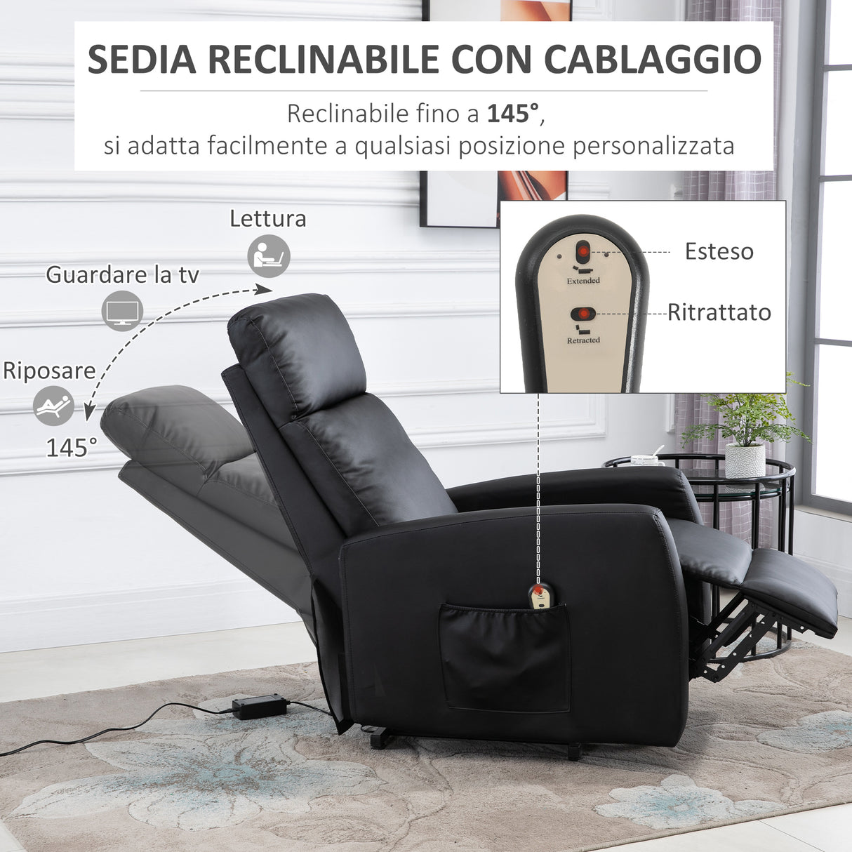 easycomfort easycomfort poltrona elettrica alzapersona 45 poltrona relax elettrica reclinabile a 145 con telecomando e poggiapiedi in pelle pu nero 67x95x105 cm ean 8054144135540