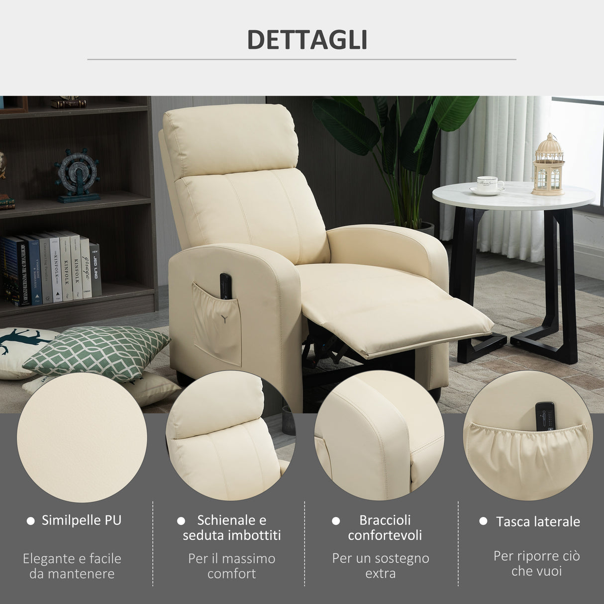 easycomfort easycomfort poltrona relax massaggiante con telecomando e 8 programmi reclinazione e poggiapiedi 68x88x98cm crema