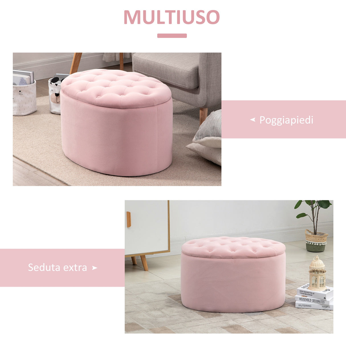 easycomfort easycomfort pouf contenitore ovale imbottito e trapuntato in velluto 71x52x42cm rosa