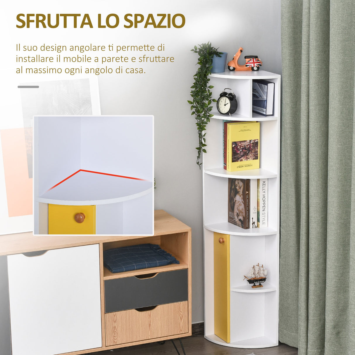 easycomfort easycomfort scaffale angolare da parete in legno bianco mobile libreria con 5 ripiani e armadietto giallo design moderno 29 8x29 9x147cm ean 8054144132952