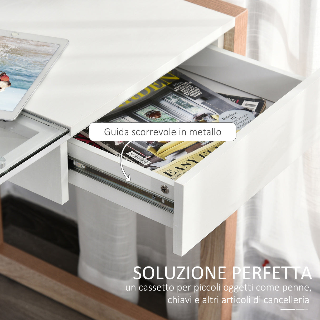 easycomfort easycomfort scrivania moderna di design in legno e vetro temperato con cassetto bianca e color legno per ufficio 120x60x75cm ean 8054144130002