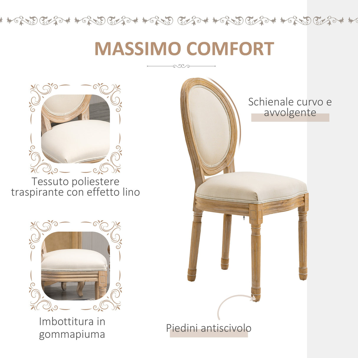 easycomfort easycomfort set 2 sedie imbottite da pranzo sedie per soggiorno stile vintage retro in legno e tessuto effetto lino bianco panna 49x56x96cm