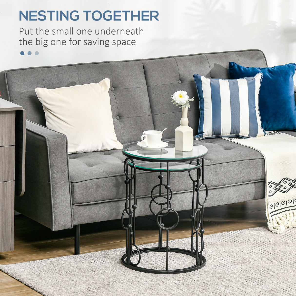 easycomfort easycomfort set di 2 tavolini da caffe impilabili in metallo e vetro temperato 41x57cm e 36x51cm nero