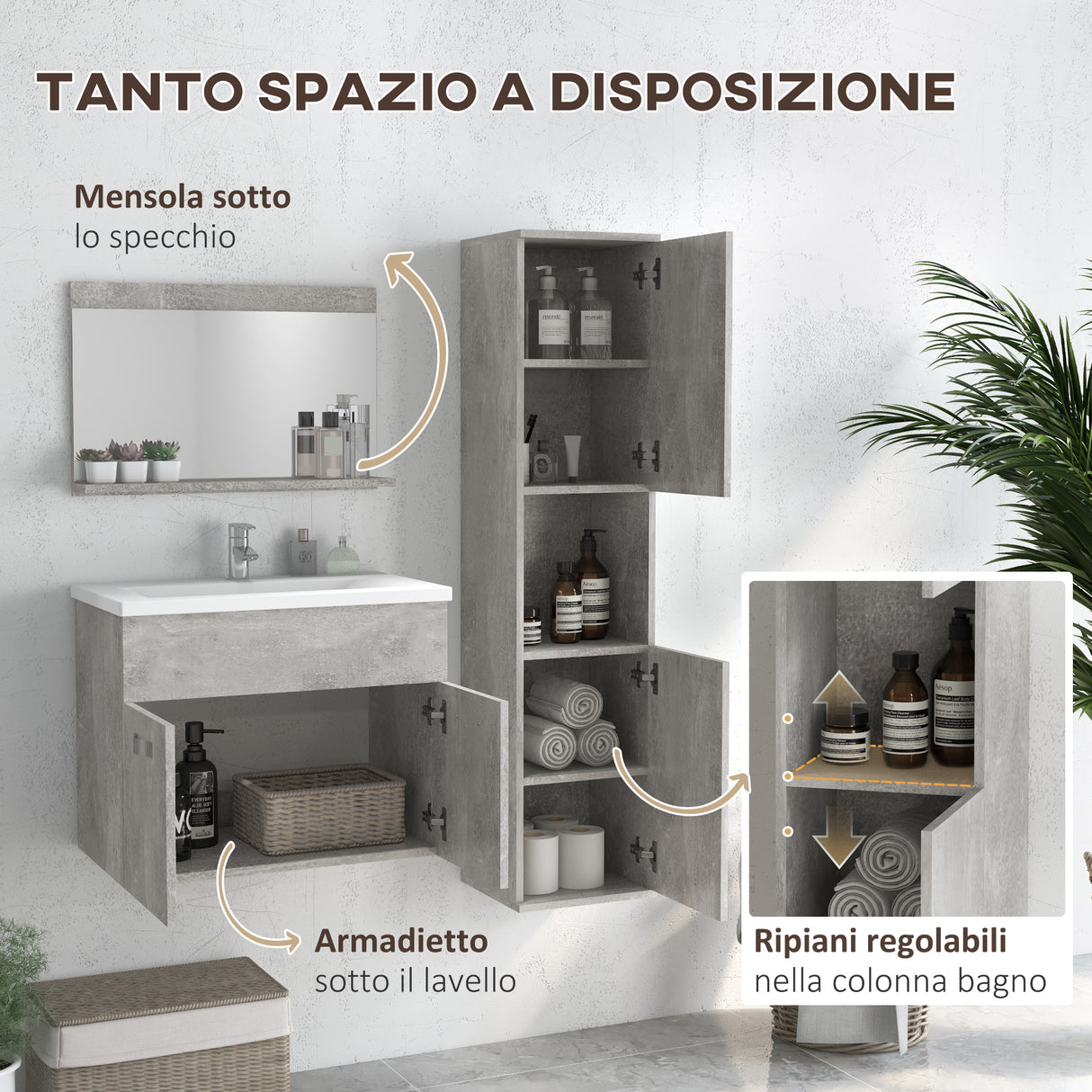 easycomfort easycomfort set mobili bagno da 4 pezzi con lavabo da 60cm mobiletto colonna bagno e specchiera in legno grigio