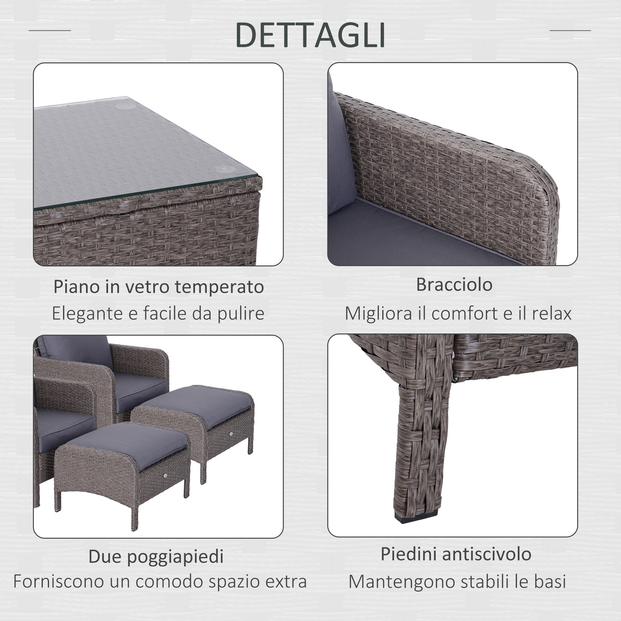 easycomfort easycomfort set mobili da giardino 2 poltrone 2 poggiapiedi 1 tavolino in vetro temperato rattan grigio