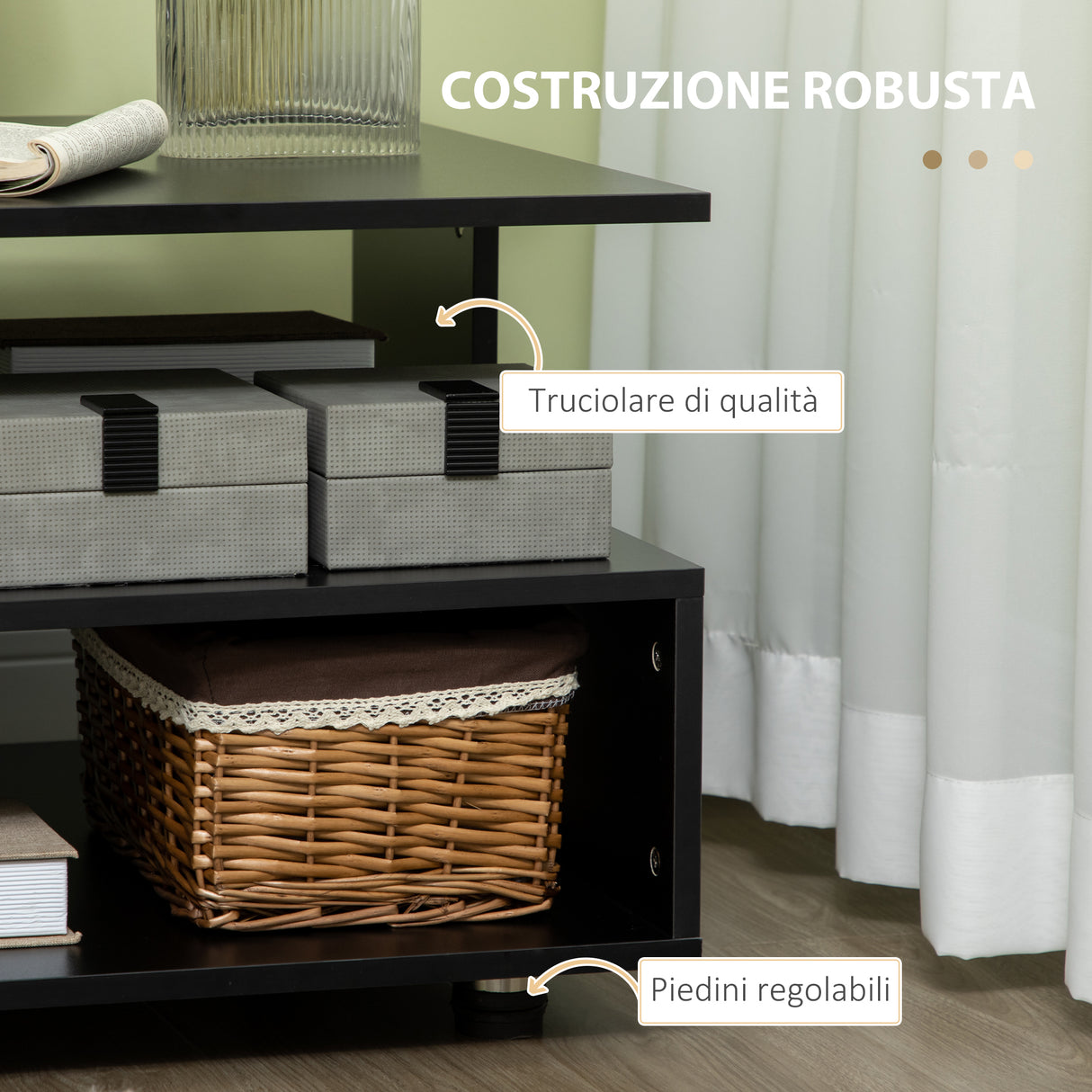 easycomfort easycomfort tavolino da caffe asimmetrico in legno con ripiani e piedini regolabili 60x60x45cm nero