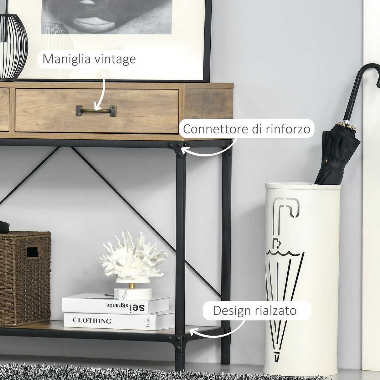 easycomfort easycomfort tavolo consolle stile vintage in metallo e legno con 2 cassetti e mensola 100x35x76 5cm marrone