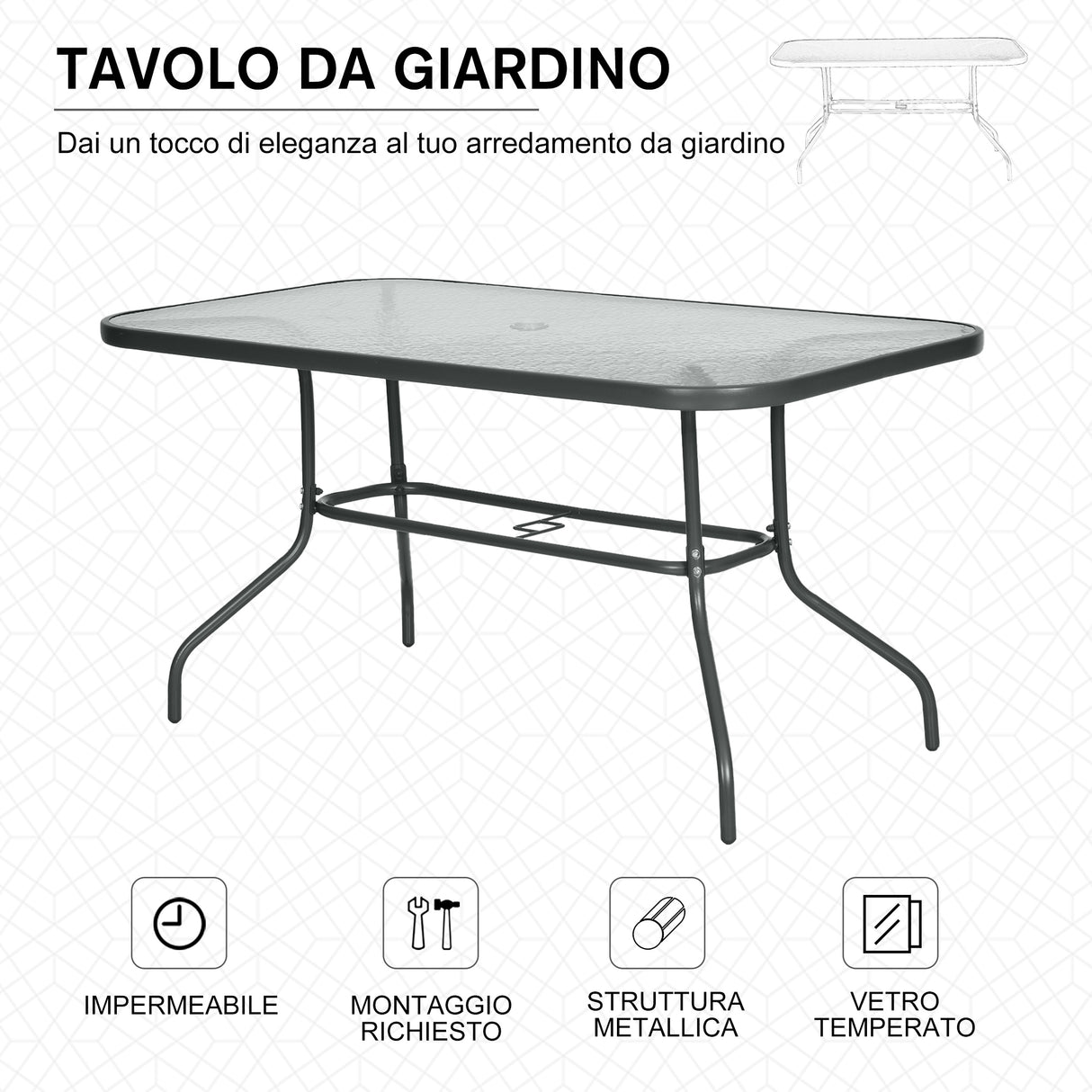 easycomfort easycomfort tavolo da giardino con foro per ombrellone arredamento da esterno in metallo e vetro 140x80x70cm grigio ean 8054144134215