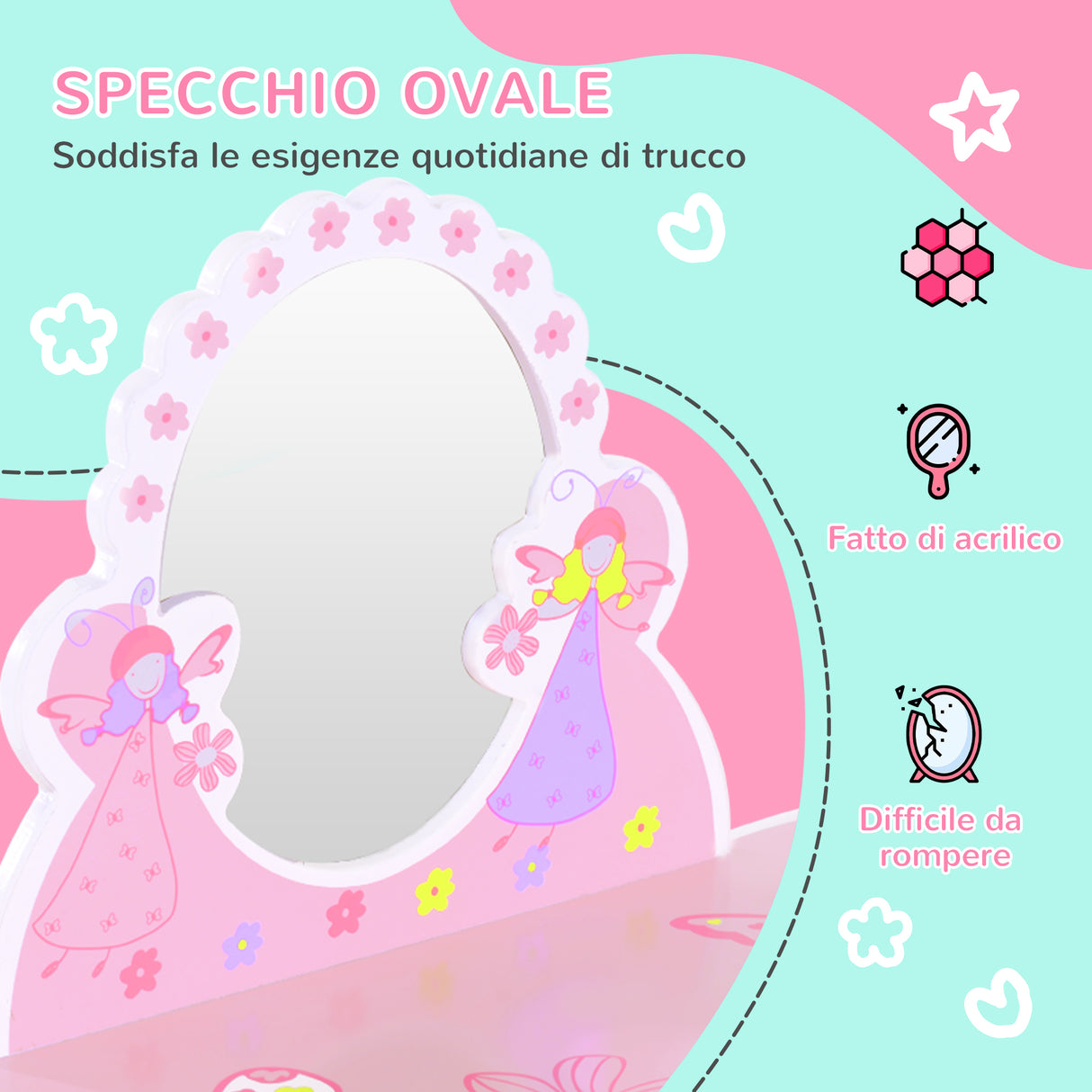 easycomfort easycomfort toeletta per bambini con sgabello in legno tavolo trucco con specchio moderno e cassetto 59l x 39p x 77a cm rosa