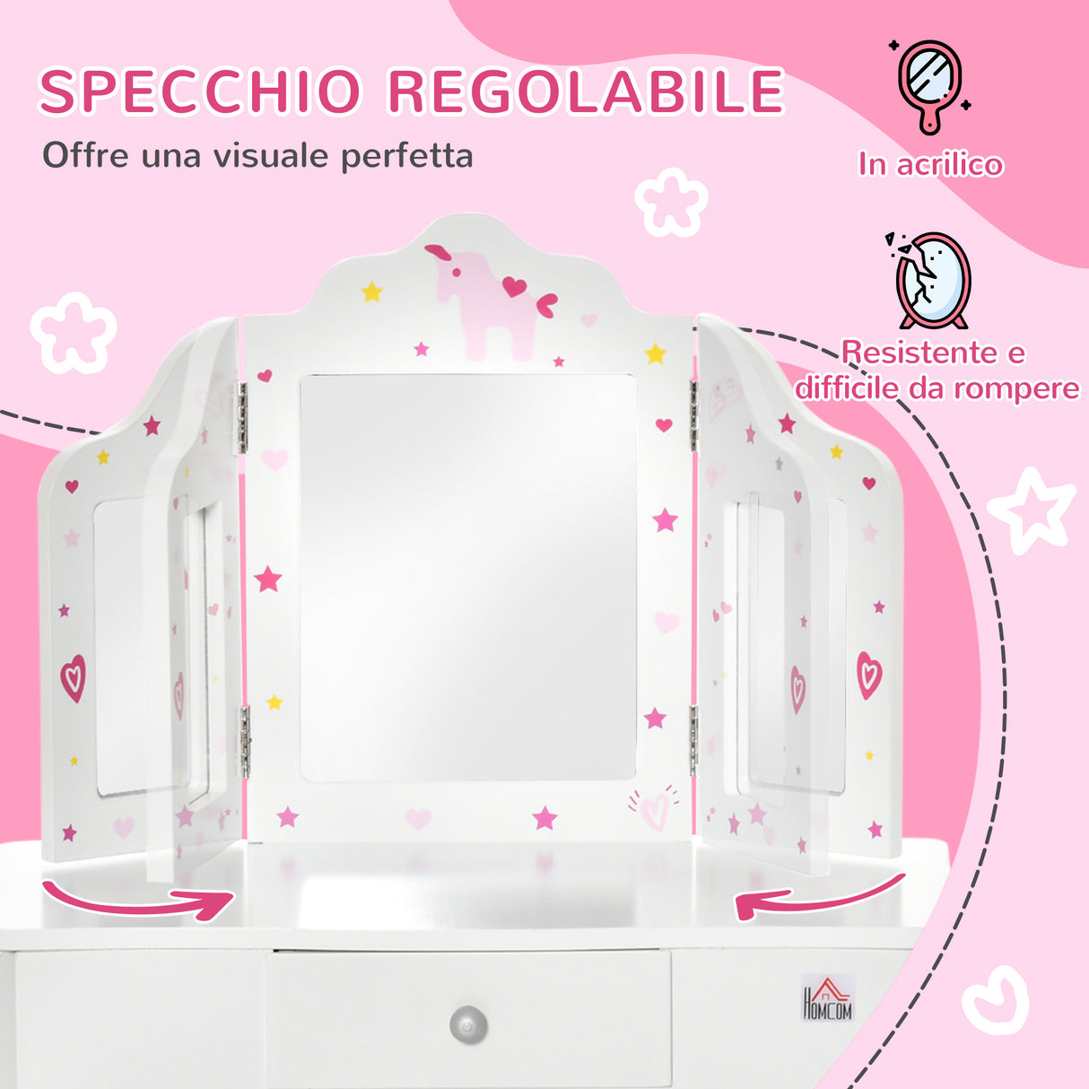easycomfort easycomfort toeletta per bambini con sgabello tavolo trucco con triplo specchio e cassetto 63x40x85 5cm bianco