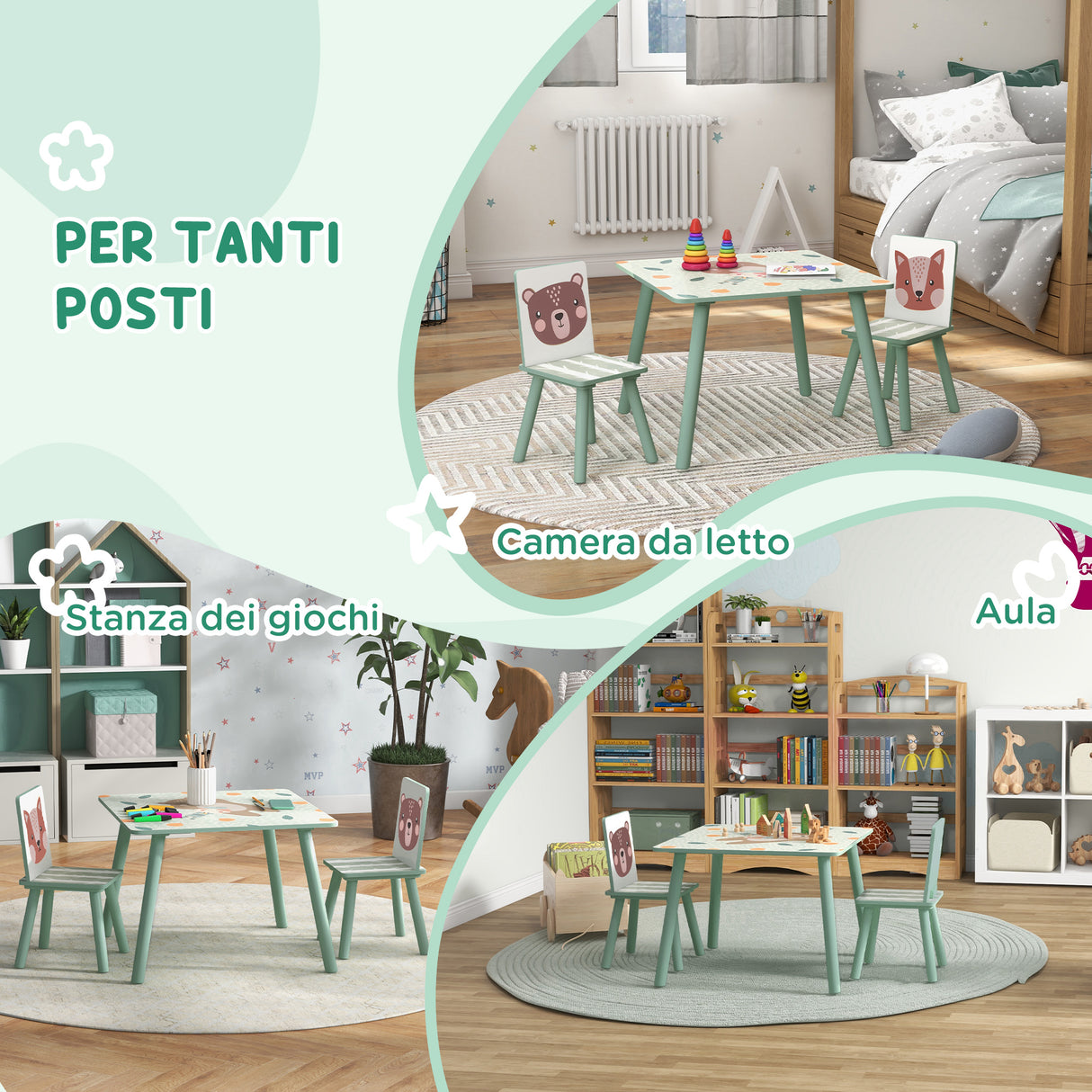 easycomfort easycomfortzonekiz set tavolo e sedie 3 pezzi per bambini 3 8 anni in mdf e legno di pino verde