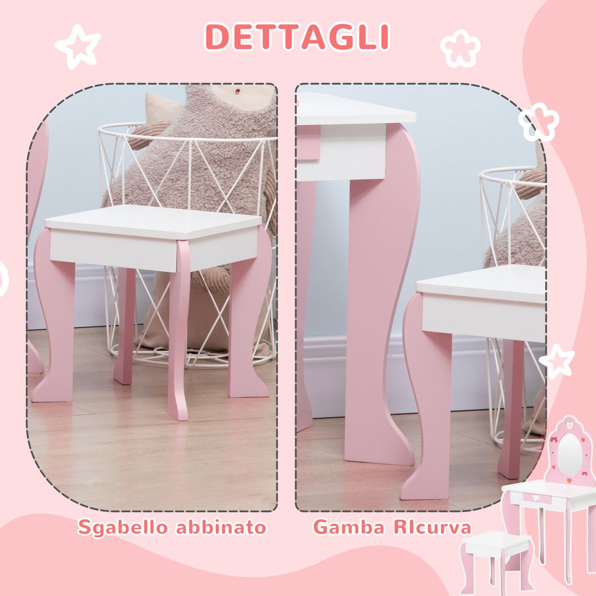 easycomfort easycomfortzonekiz set tavolo trucco con sgabello specchio e cassetto in mdf per bimbi 3 6 anni bianco e rosa