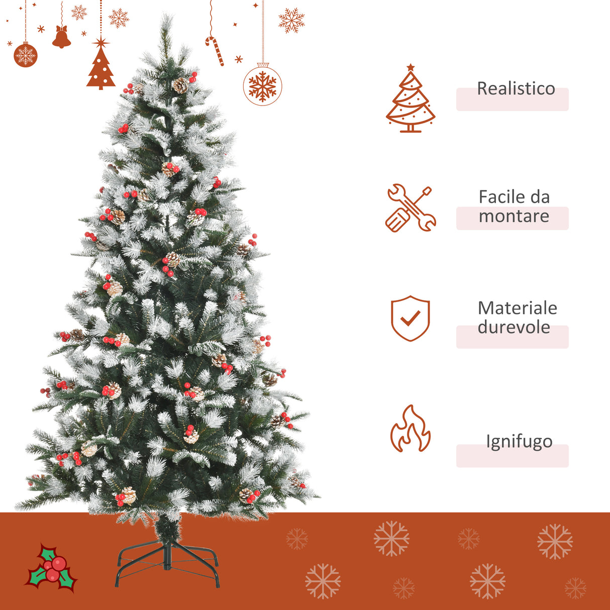 easycomfort easycomfort albero di natale innevato 180cm con bacche rosse e pigne bianche base rimovibile pieghevole 678 rami verde