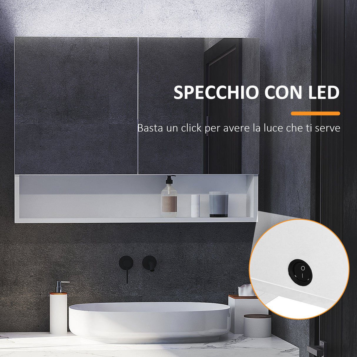 easycomfort easycomfort armadietto con specchio a muro luci a led ripiano aperto e ripiano interno 80x15x60cm