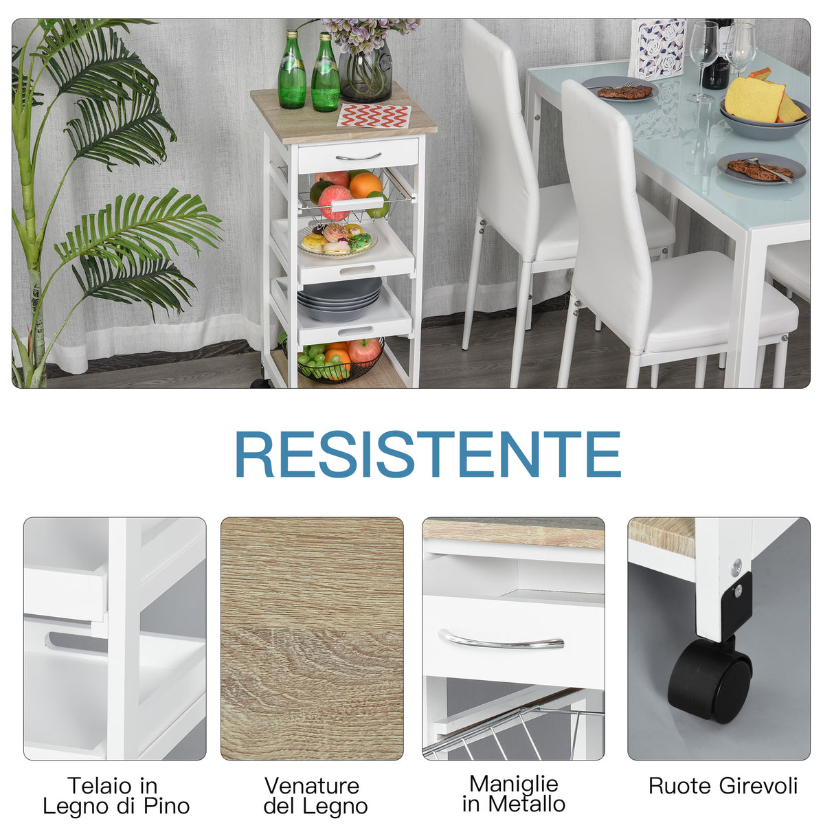 easycomfort easycomfort carrello da cucina salvaspazio in legno di pino e mdf carrello portaoggetti con cassetto cestello 2 vassoi e 4 ruote universale 37x37x82cm bianco ean 8054111844161