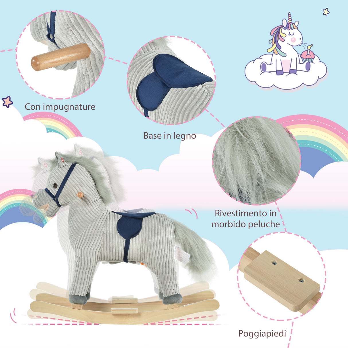easycomfort easycomfort cavallo a dondolo per bambini 3 6 anni con suoni in peluche 73x35x64cm grigio