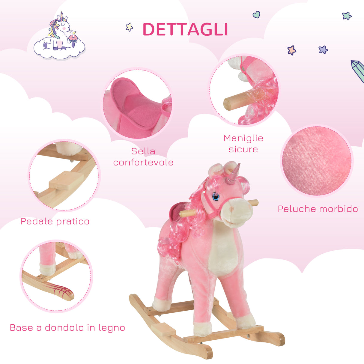 easycomfort easycomfort cavallo a dondolo per bambini 36 72 mesi unicorno a dondolo con suoni in legno e peluche rosa 74x33x62cm