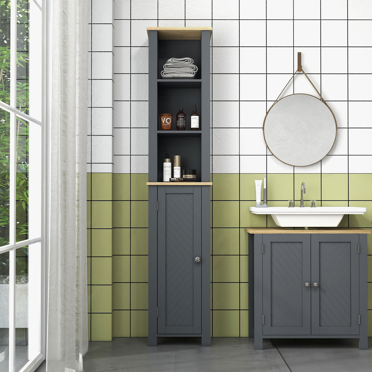 easycomfort easycomfort colonna bagno salvaspazio con armadietto e 3 ripiani aperti in legno 34x23x165cm grigio