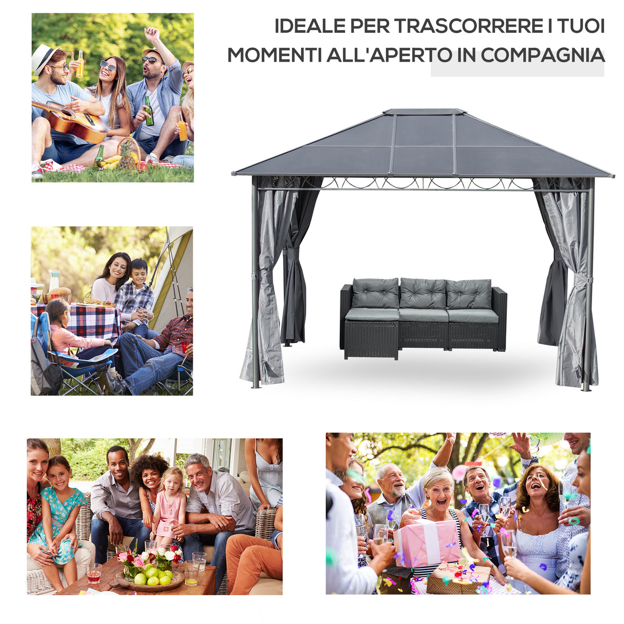 easycomfort easycomfort gazebo da giardino 3 6x3m con tetto in policarbonato anti uv e tende grigio