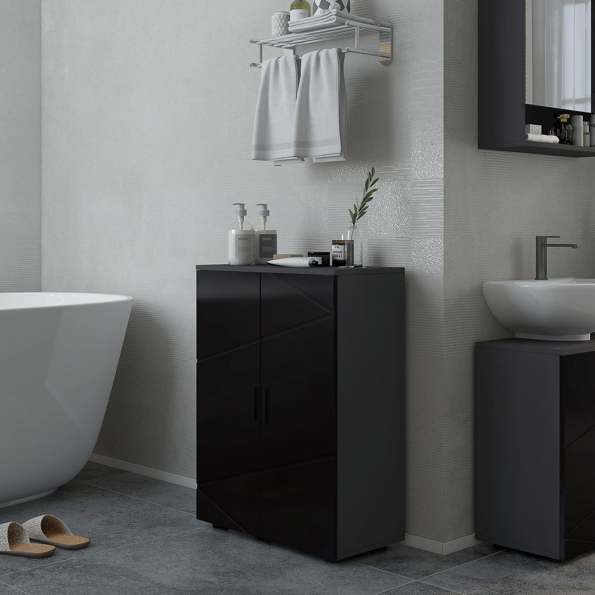 easycomfort easycomfort mobiletto bagno 2 ante in legno con 3 ripiani e chiusura ammortizzata 60x30x82cm nero