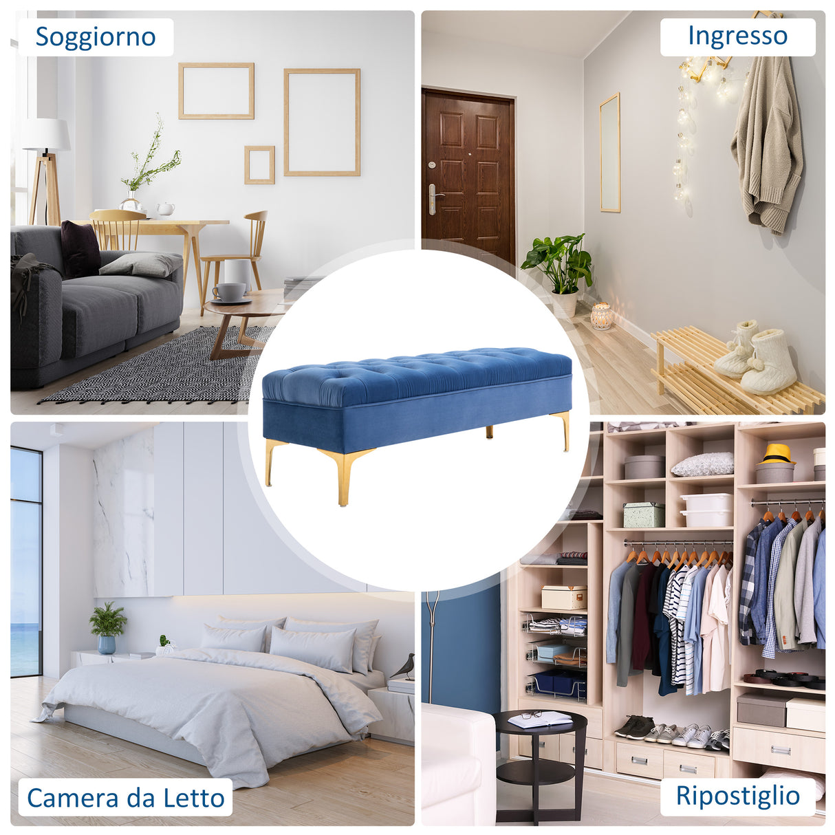 easycomfort easycomfort panca imbottita fondoletto in tessuto vellutato e base in metallo dorato 118x45x42 cm blu