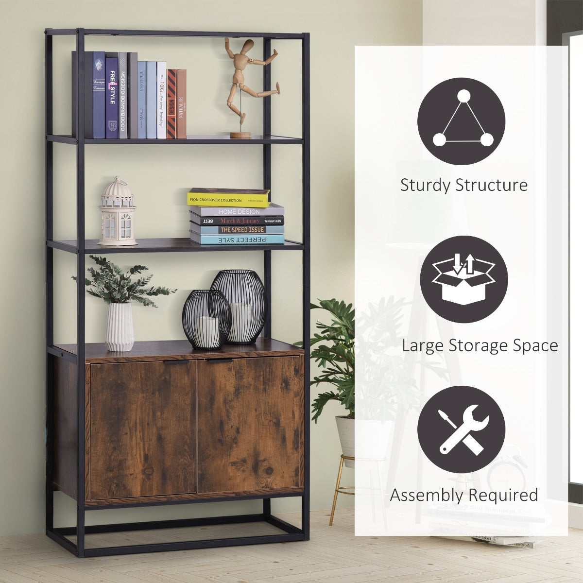easycomfort easycomfort scaffale libreria in stile vintage con 3 ripiani 1 armadietto in legno e telaio in metallo nero 76x33x162 5cm ean 8054144136066