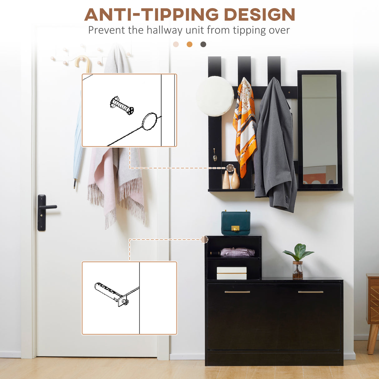 easycomfort easycomfort set appendi abiti da ingresso con specchio e scarpiera per 8 paia di scarpe nero lucido