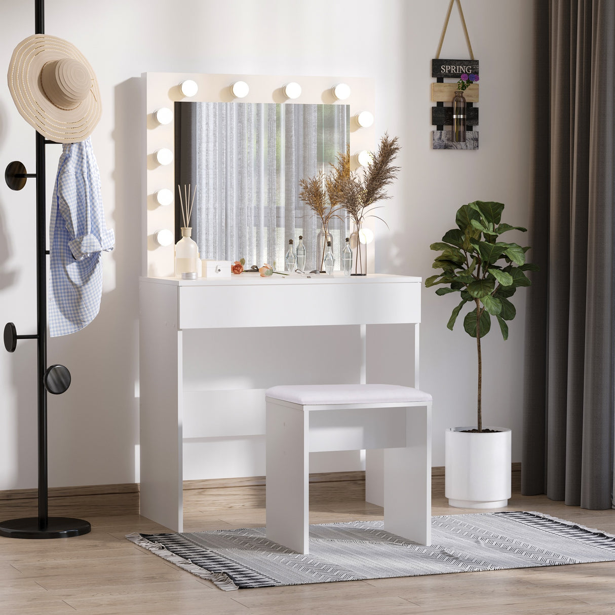 easycomfort easycomfort set tavolo da trucco toeletta con specchio 12 luci led sgabello imbottito e ampio cassetto in legno 80x40x140 cm bianco