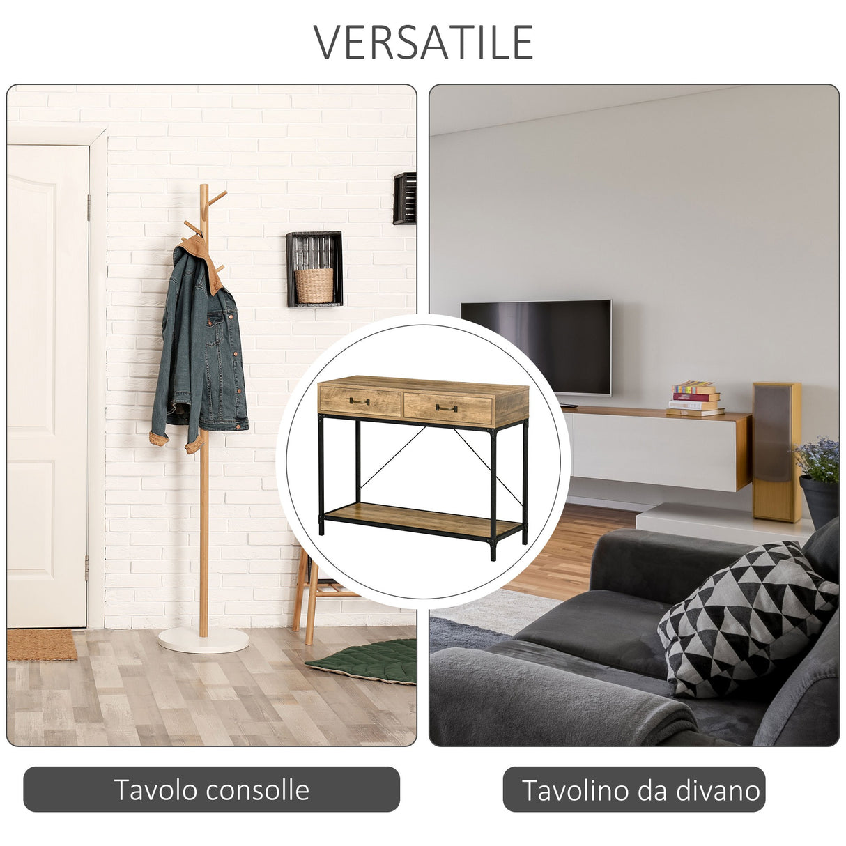 easycomfort easycomfort tavolo consolle stile vintage in metallo e legno con 2 cassetti e mensola 100x35x76 5cm marrone