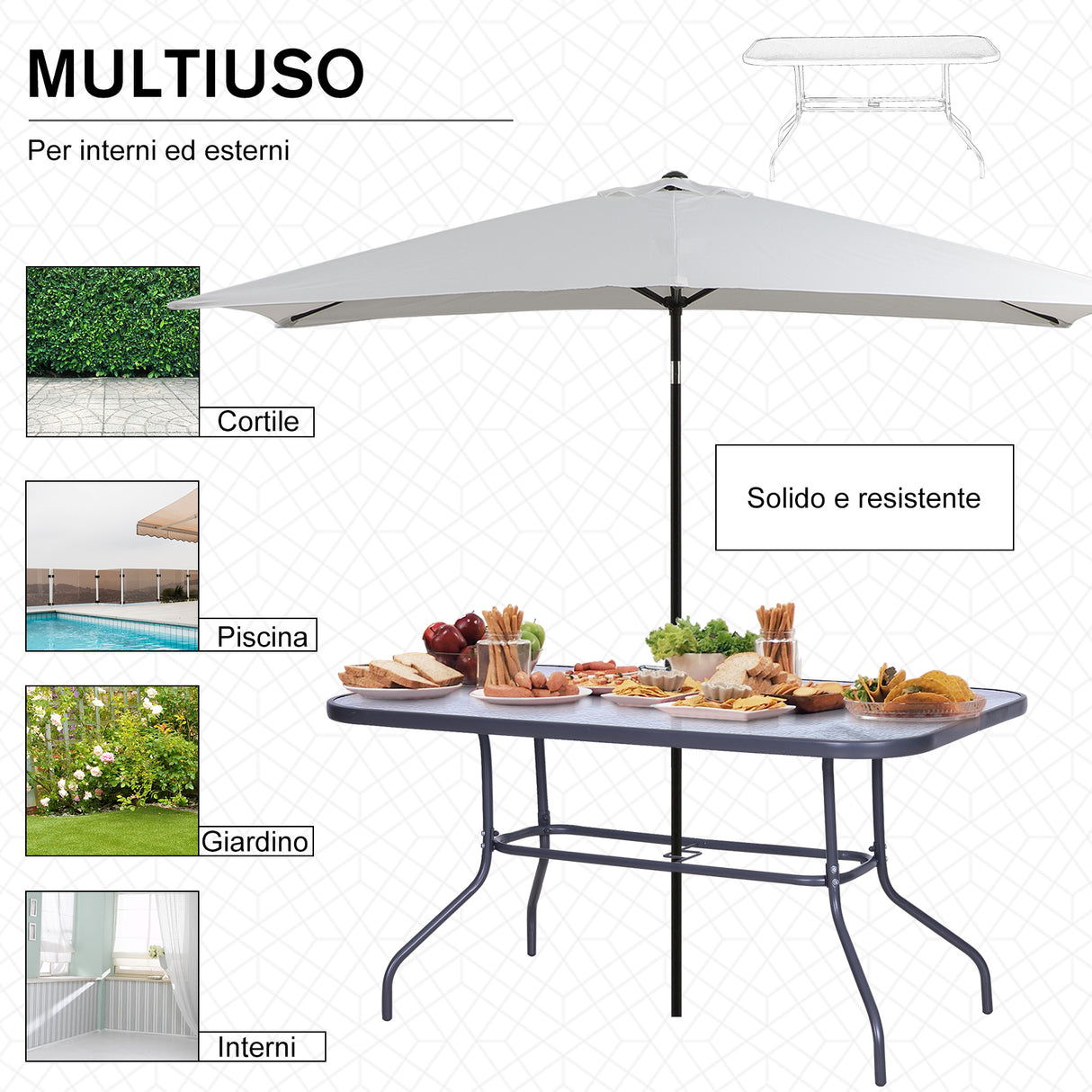 easycomfort easycomfort tavolo da giardino con foro per ombrellone arredamento da esterno in metallo e vetro 140x80x70cm grigio ean 8054144134215