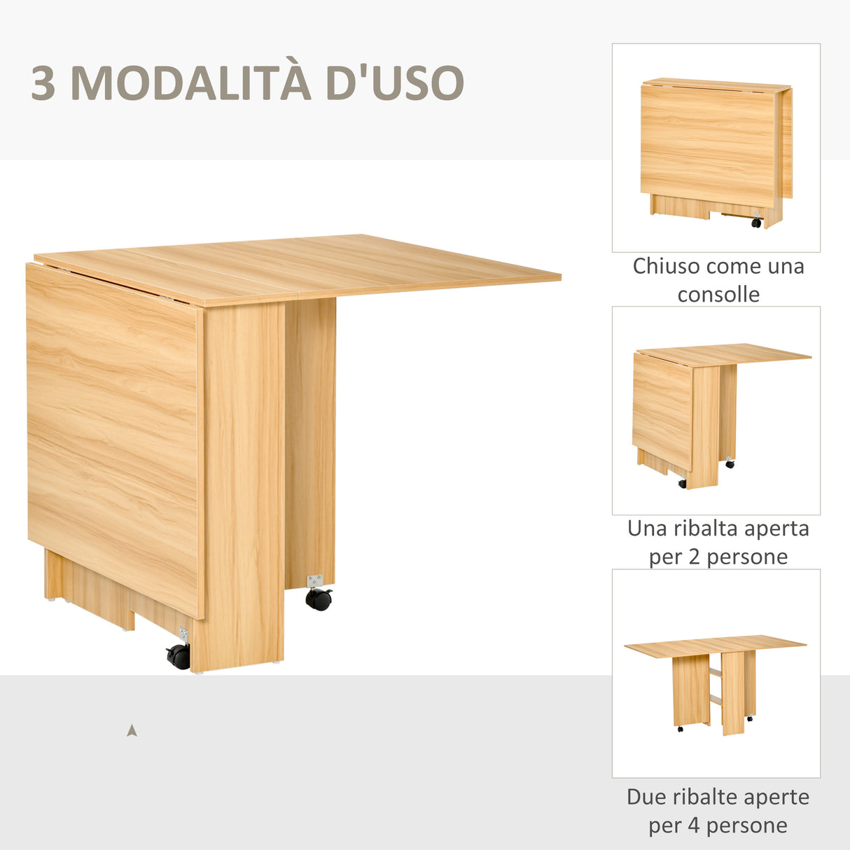 easycomfort easycomfort tavolo da pranzo pieghevole tavolo a ribalta per 4 6 persone tavolo da cucina salvaspazio moderno con 2 ripiani e 2 ruote in legno 140x80x74 cm color legno ean 8054111844710