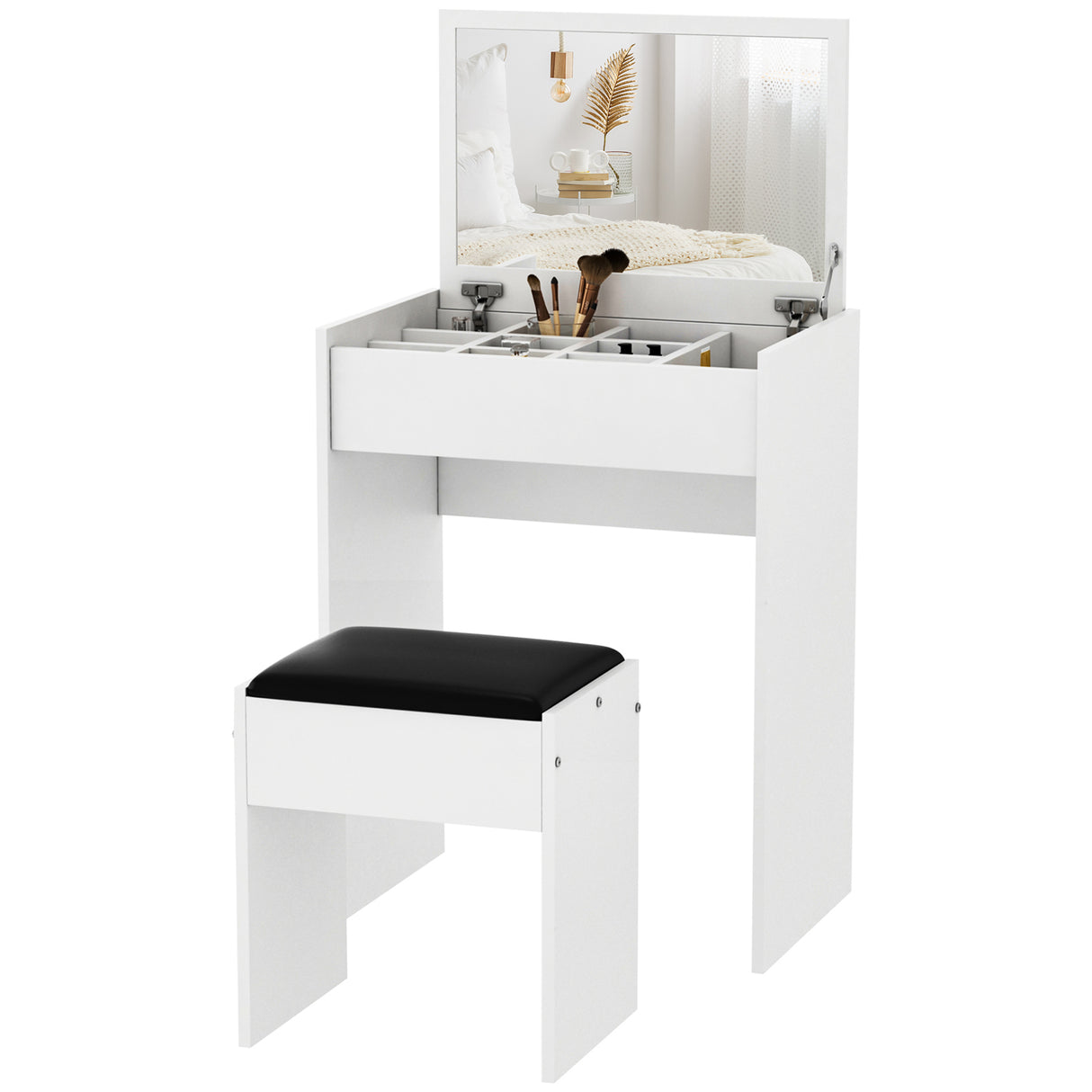 easycomfort easycomfort tavolo da trucco con specchio richiudibile tavolo da trucco moderno con sgabello vano contenitore 10 scomparti mdf bianco 60 2 x 40 2 x 79cm ean 8054144132143