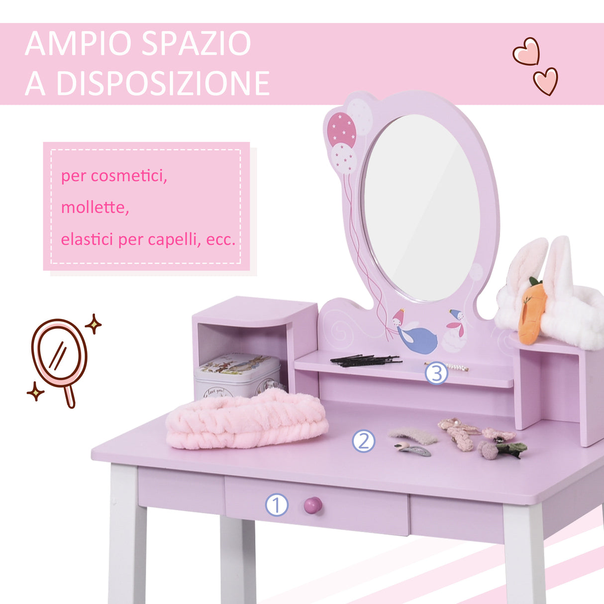 easycomfort easycomfort toeletta per bambine 3 anni in legno set tavolo da trucco giocattolo con specchio e sgabello rosa
