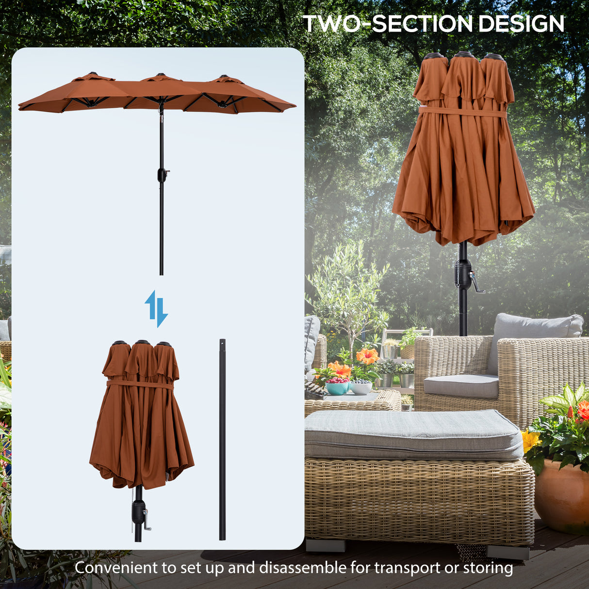 easycomfort easycomfort ombrellone da giardino doppio inclinabile con apertura a manovella 295x152x222cm rosso