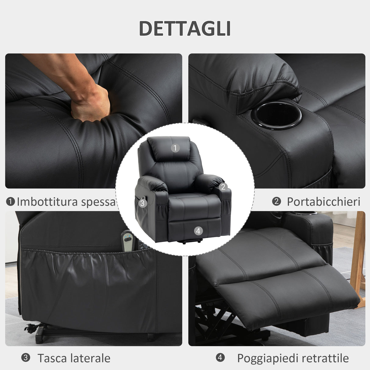 easycomfort easycomfort poltrona alzapersona reclinabile max 135 con 8 punti massaggianti e poggiapiedi 88x92x106 cm nero
