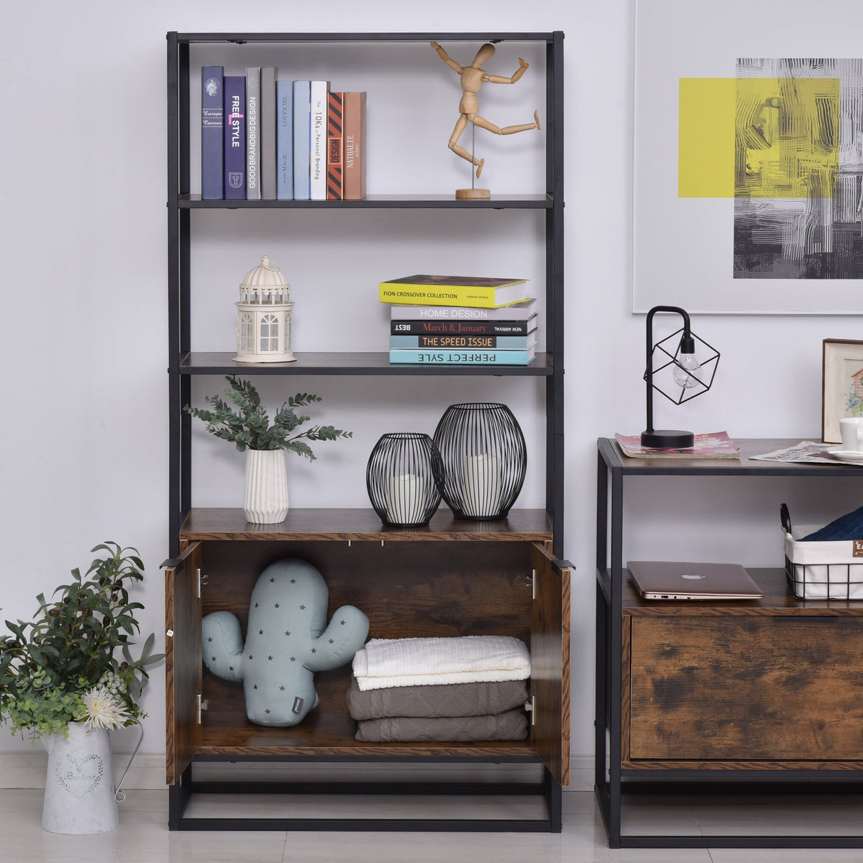 easycomfort easycomfort scaffale libreria in stile vintage con 3 ripiani 1 armadietto in legno e telaio in metallo nero 76x33x162 5cm ean 8054144136066