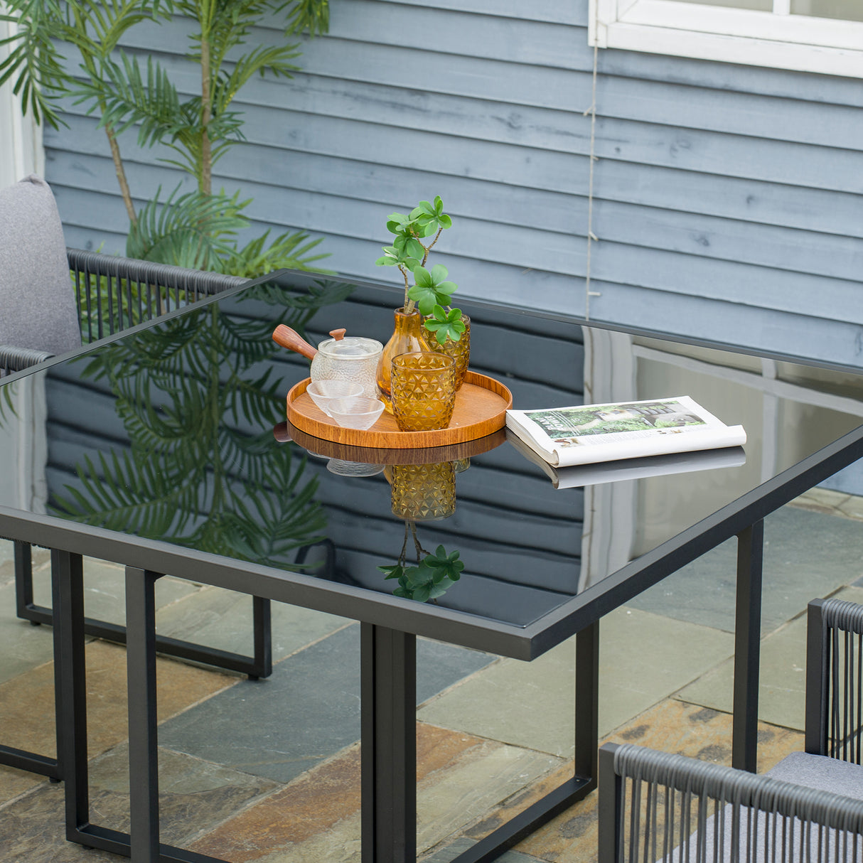 easycomfort easycomfort set da giardino 5 pezzi in rattan 4 sedie da giardino e tavolo da pranzo con piano in vetro