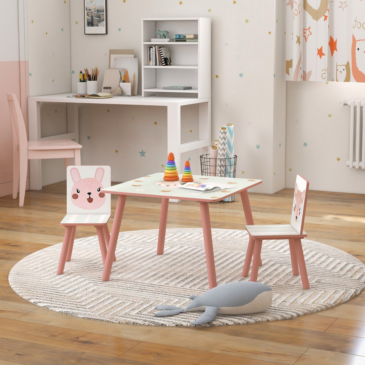 easycomfort easycomfortzonekiz set tavolo e sedie 3 pezzi per bambini 3 8 anni in mdf e legno di pino con disegni di animali rosa