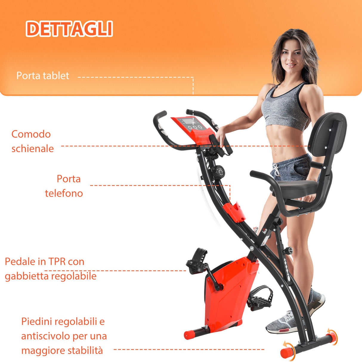 easycomfort easycomfort cyclette pieghevole 2 in 1 resistenza magnetica regolabile 8 livelli bici da fitness con sensore di frequenza cardiaca elastici per braccia schermo lcd rosso