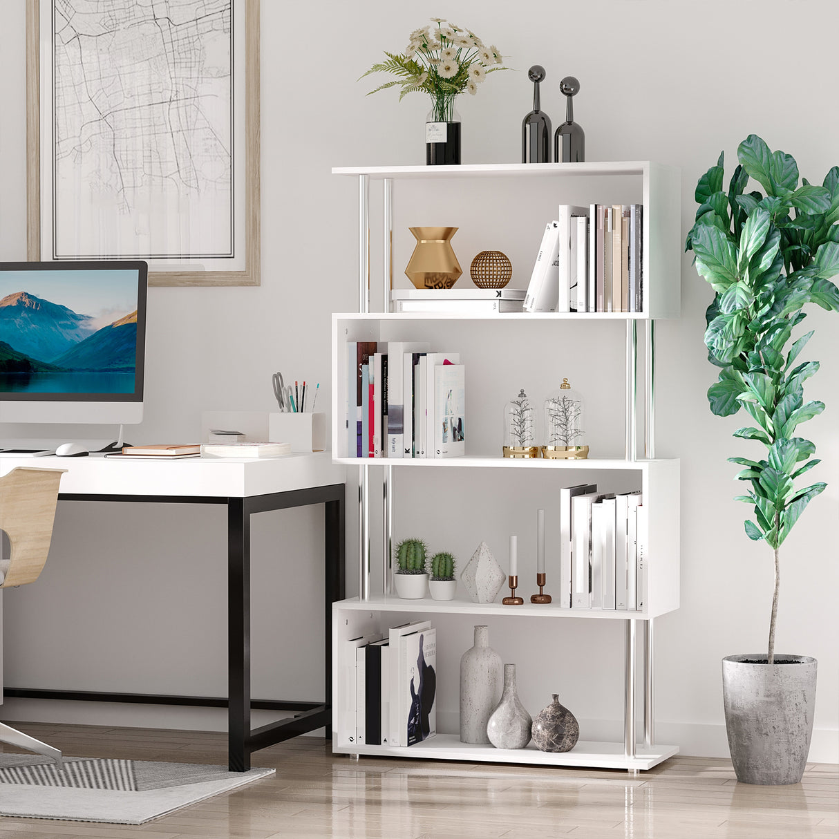 easycomfort easycomfort libreria a 4 ripiani design moderno in legno e metallo libreria scaffale per soggiorno studio ufficio 80x30x145cm bianca ean 8054111845588