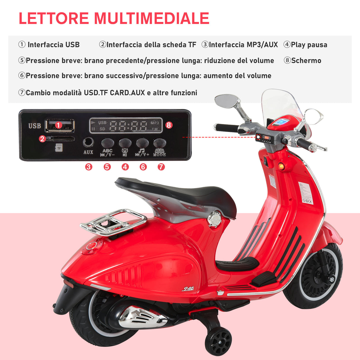 easycomfort easycomfort moto elettrica per bambini con licenza ufficiale vespa 2 rotelle luci e suoni 108x49x75 cm rossa