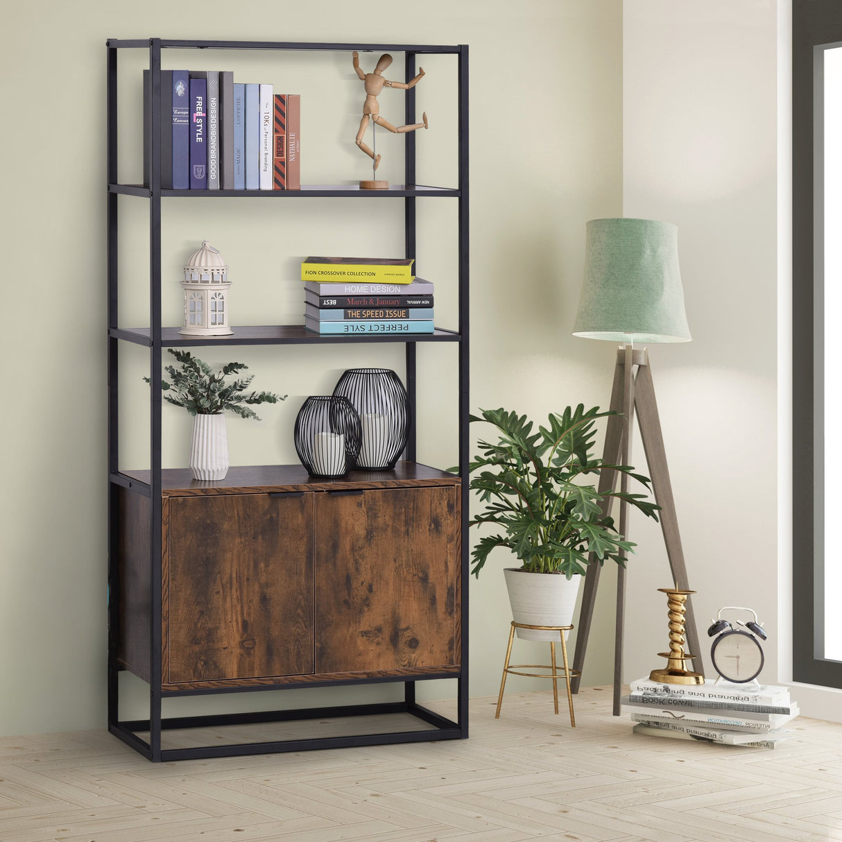 easycomfort easycomfort scaffale libreria in stile vintage con 3 ripiani 1 armadietto in legno e telaio in metallo nero 76x33x162 5cm ean 8054144136066