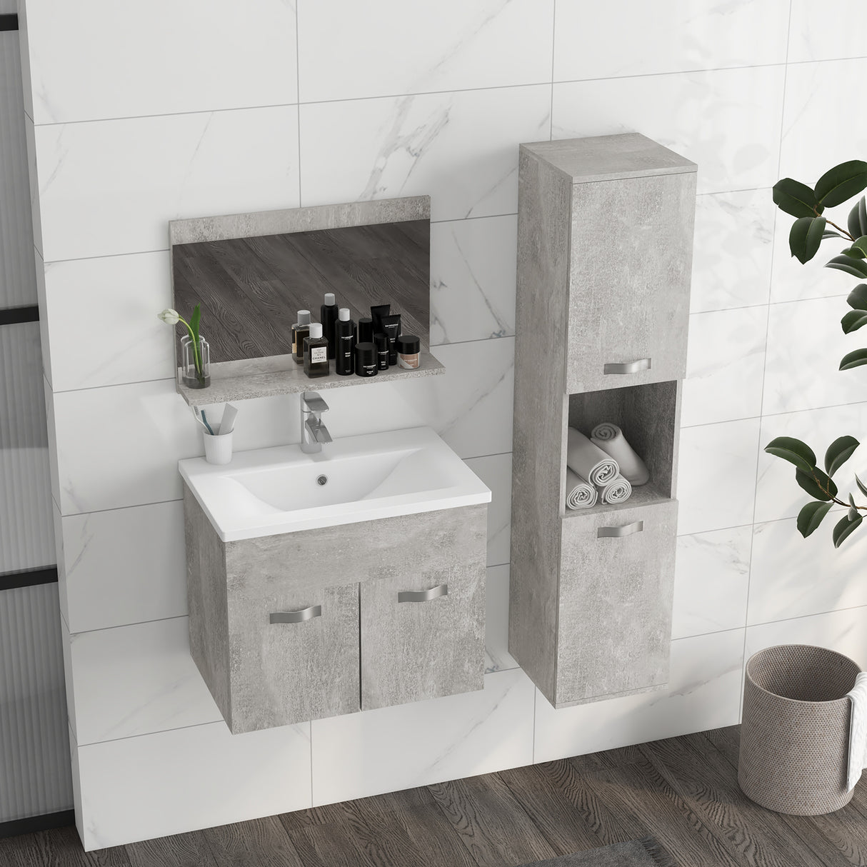 easycomfort easycomfort set mobili bagno da 4 pezzi con lavabo da 60cm mobiletto colonna bagno e specchiera in legno grigio