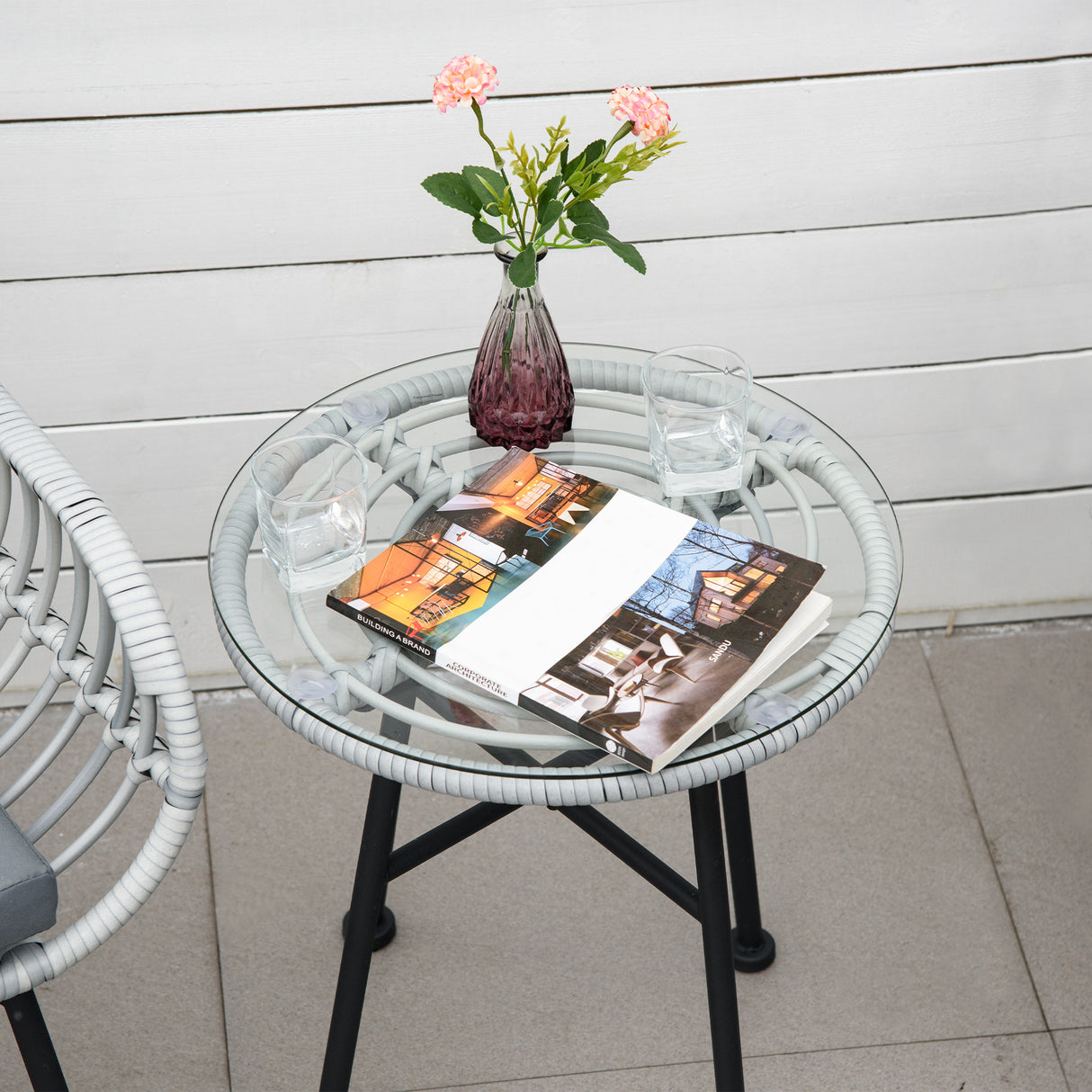 easycomfort easycomfort set mobili da giardino in rattan pe con 2 sedie e tavolino con ripiano in vetro grigio