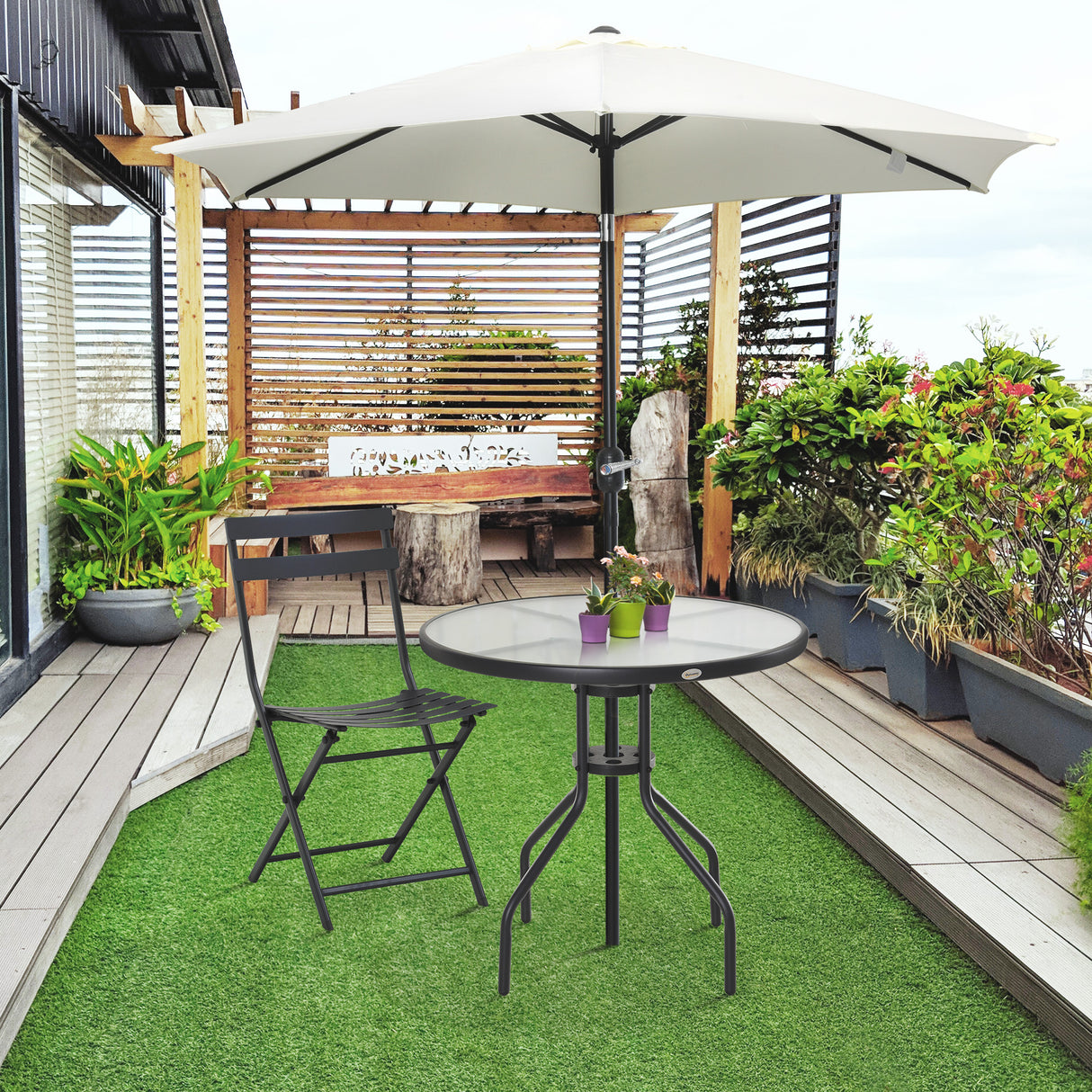 easycomfort easycomfort tavolino da giardino con piano in vetro temperato e foro per ombrellone acciaio 80 x 72 cm nero