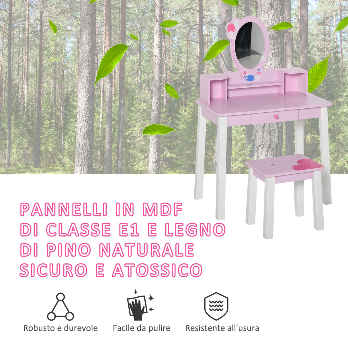 easycomfort easycomfort toeletta per bambine 3 anni in legno set tavolo da trucco giocattolo con specchio e sgabello rosa