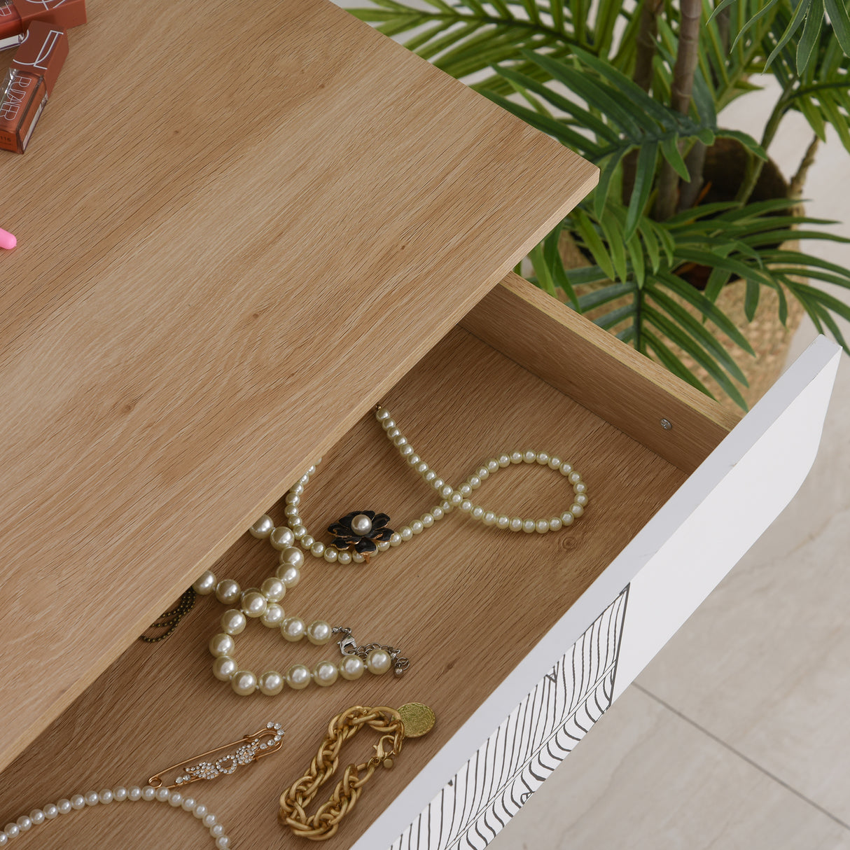 easycomfort easycomfort toeletta tavolo da trucco con specchio circolare 39cm consolle trucco con cassetto con decorazione jungle bianco e rovere 70x39x119 128cm ean 8054144134673